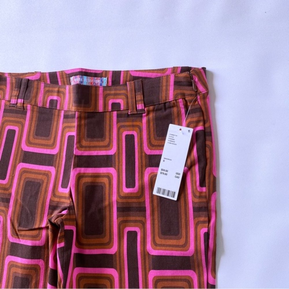 Urban Outfitters | Eva Bengaline Flare Pant Brown Geometric Mod Retro 60s New 6 - Picture 8 of 9
